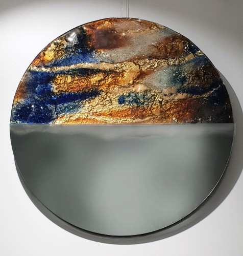 Lustro-obraz okrągłe ze szkła artystycznego Sunset niebieski kobalt złoto